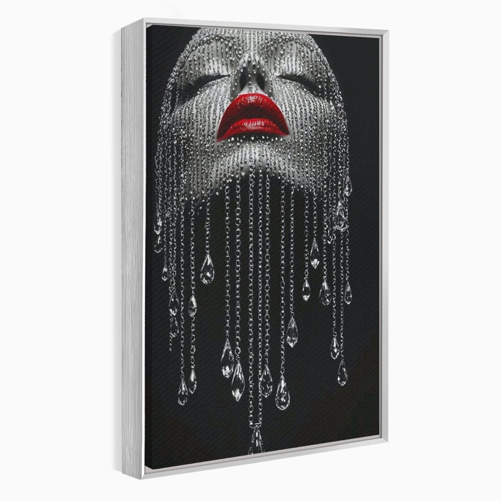 Tablou canvas cu tablou portret femeie cu cristale si buze rosii, in rama de aluminiu argintiu