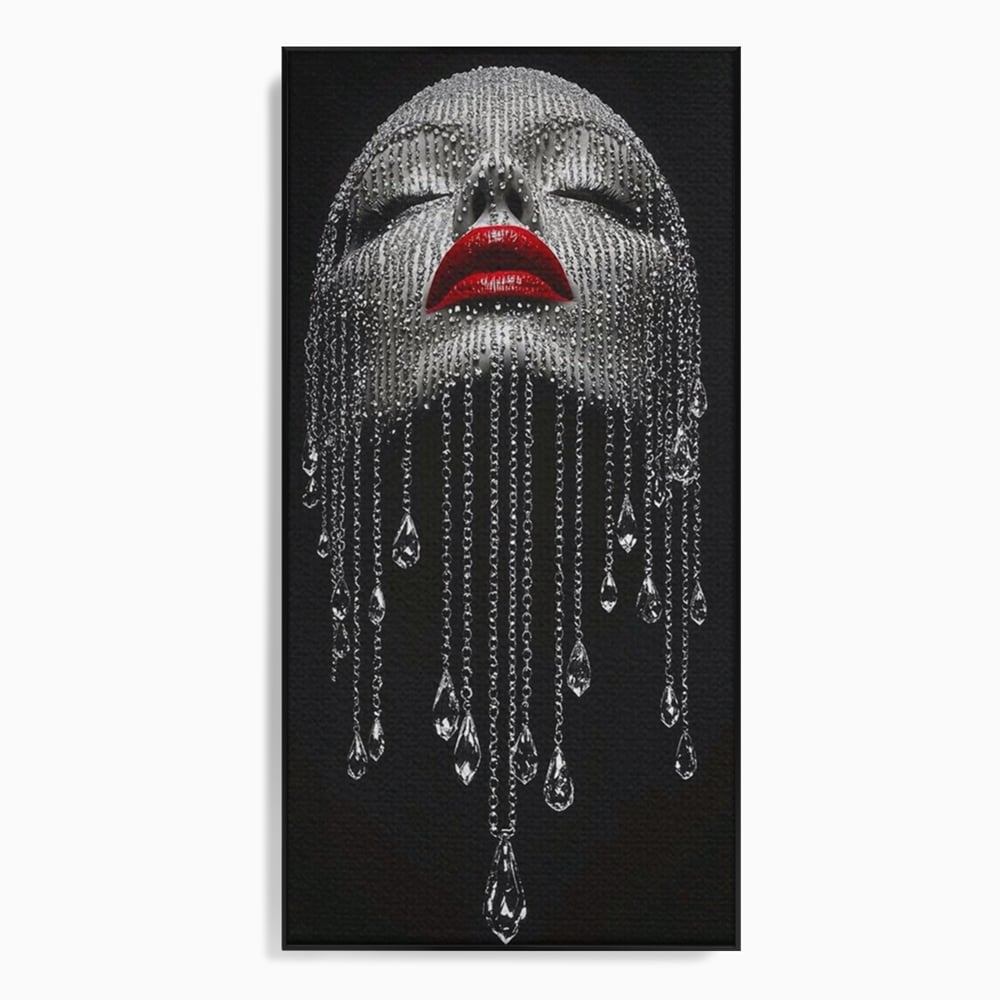 Tablou canvas cu tablou portret femeie cu cristale si buze rosii, in rama de aluminiu negru
