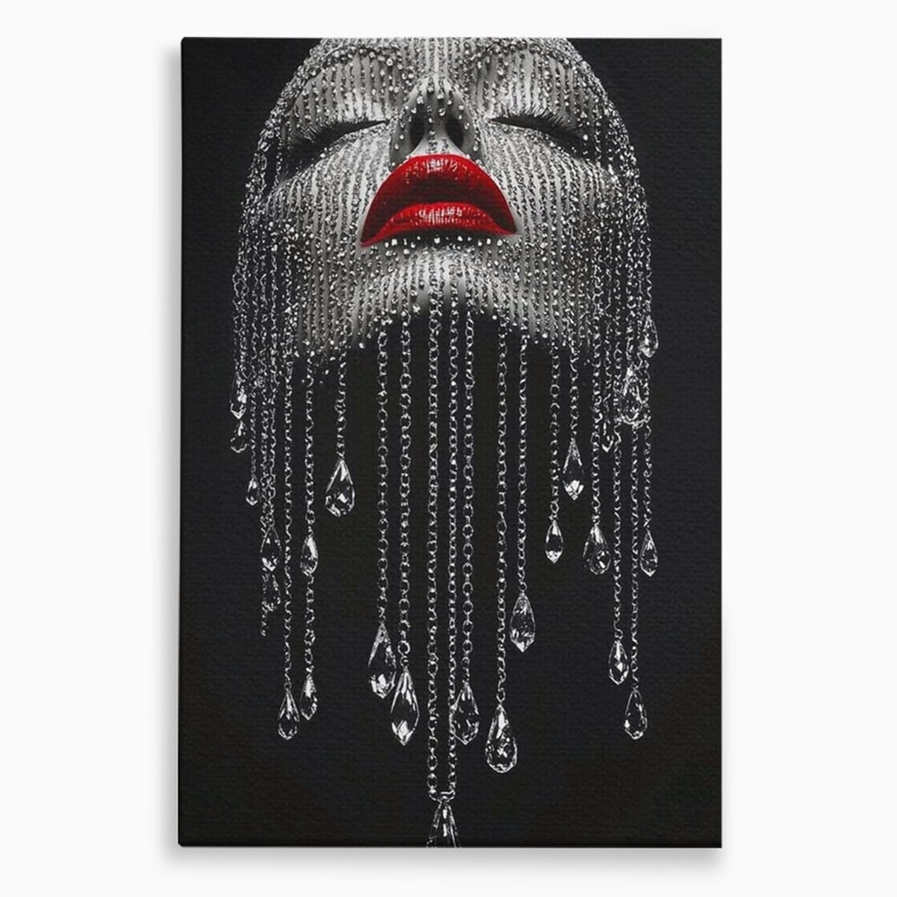 Tablou canvas cu tablou portret femeie cu cristale si buze rosii, fara rama, pe sasiu de lemn