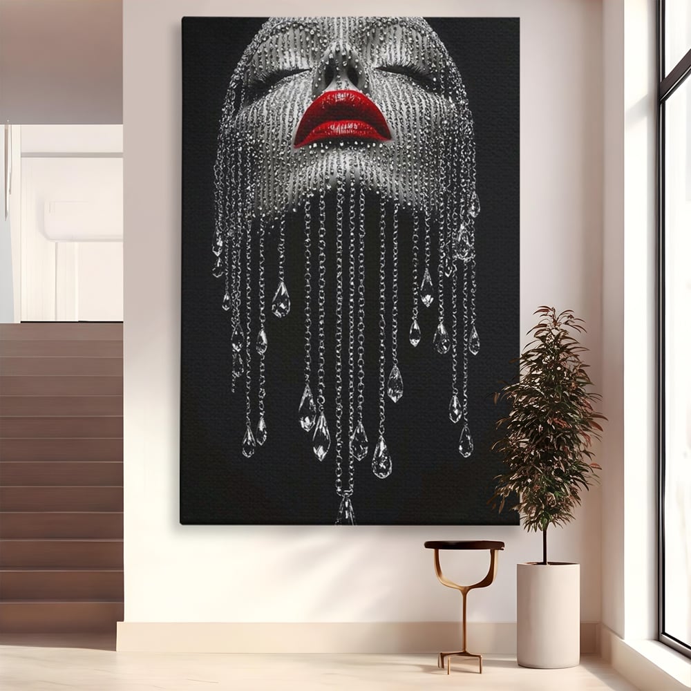 Tablou canvas cu tablou portret femeie cu cristale si buze rosii, fara rama, pe sasiu de lemn