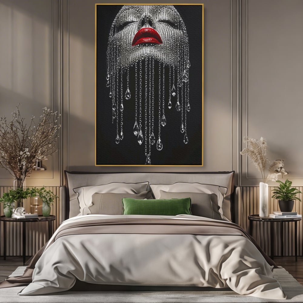 Tablou canvas cu tablou portret femeie cu cristale si buze rosii, in rama de aluminiu auriu, pe perete intr-un dormitor