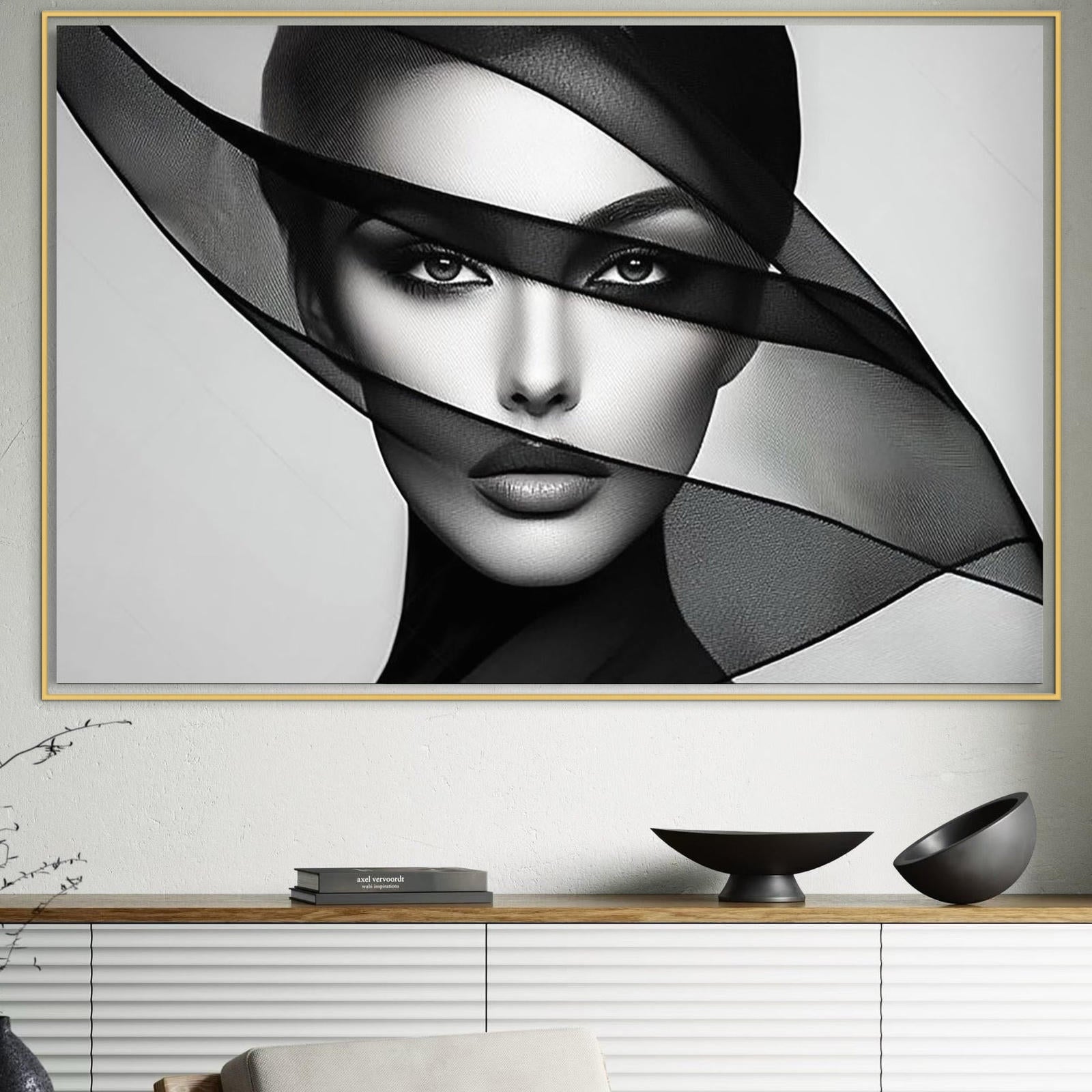 Tablou Canvas Premium, LuxCanva® P1042, Voalul Care Dezvaluie, Voal, Negru, Privire, Ascuns, Feminitate, Minimalism, Tacere, Gratie, Intunecat, Dorinta, Frumusete, Living, Dormitor