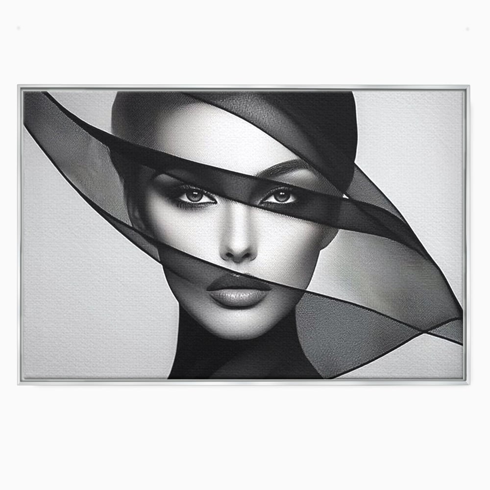 Tablou canvas cu tablou canvas cu femeie si voal negru, in rama de aluminiu argintiu