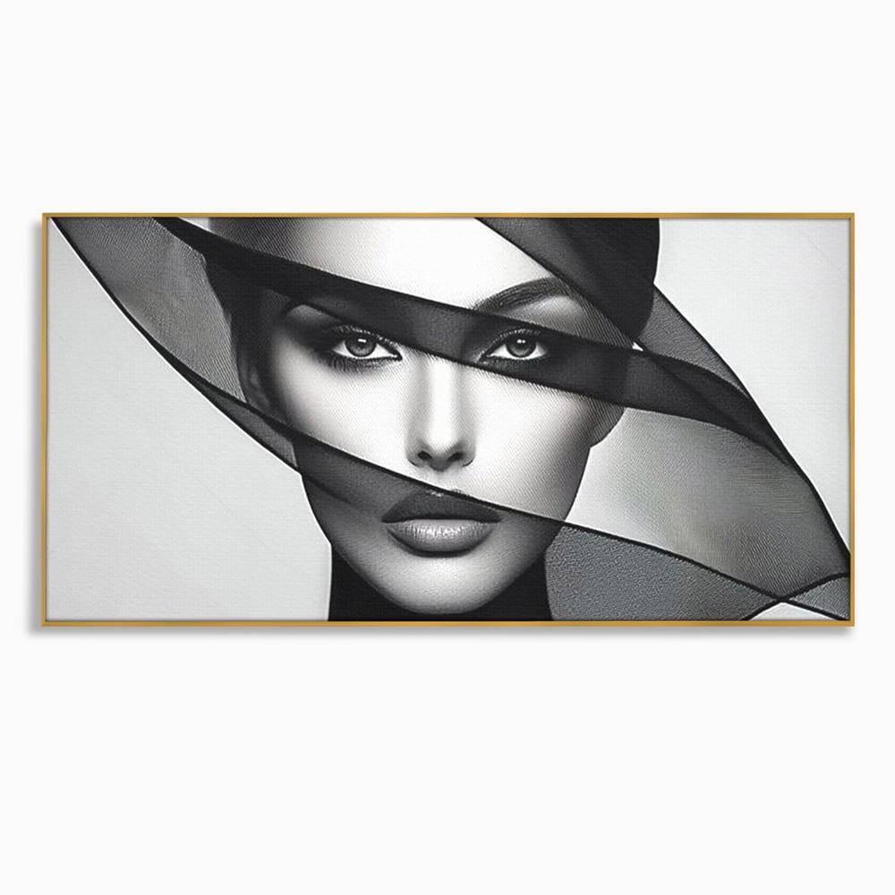 Tablou canvas cu tablou canvas cu femeie si voal negru, in rama de aluminiu auriu