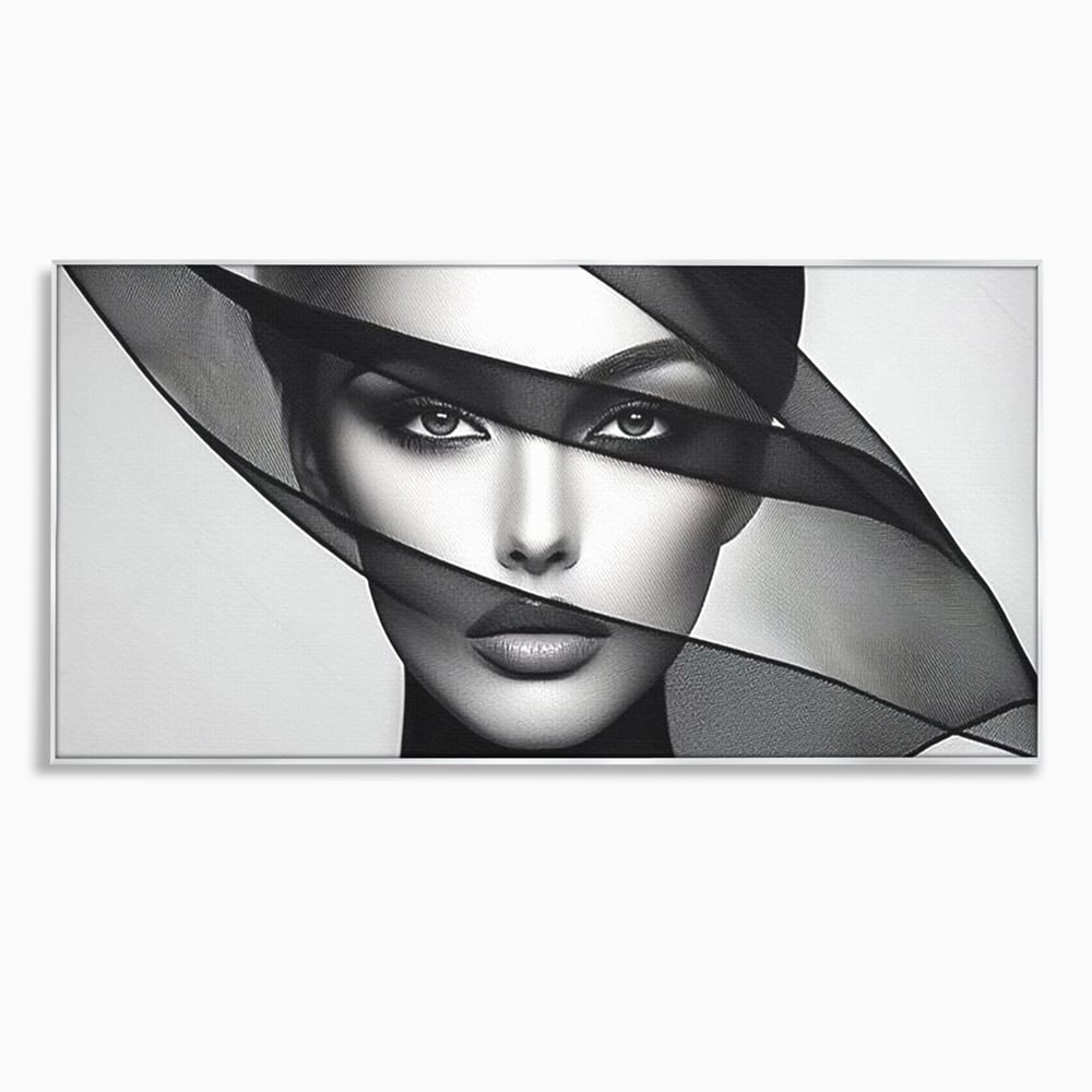 Tablou canvas cu tablou canvas cu femeie si voal negru, in rama de aluminiu argintiu