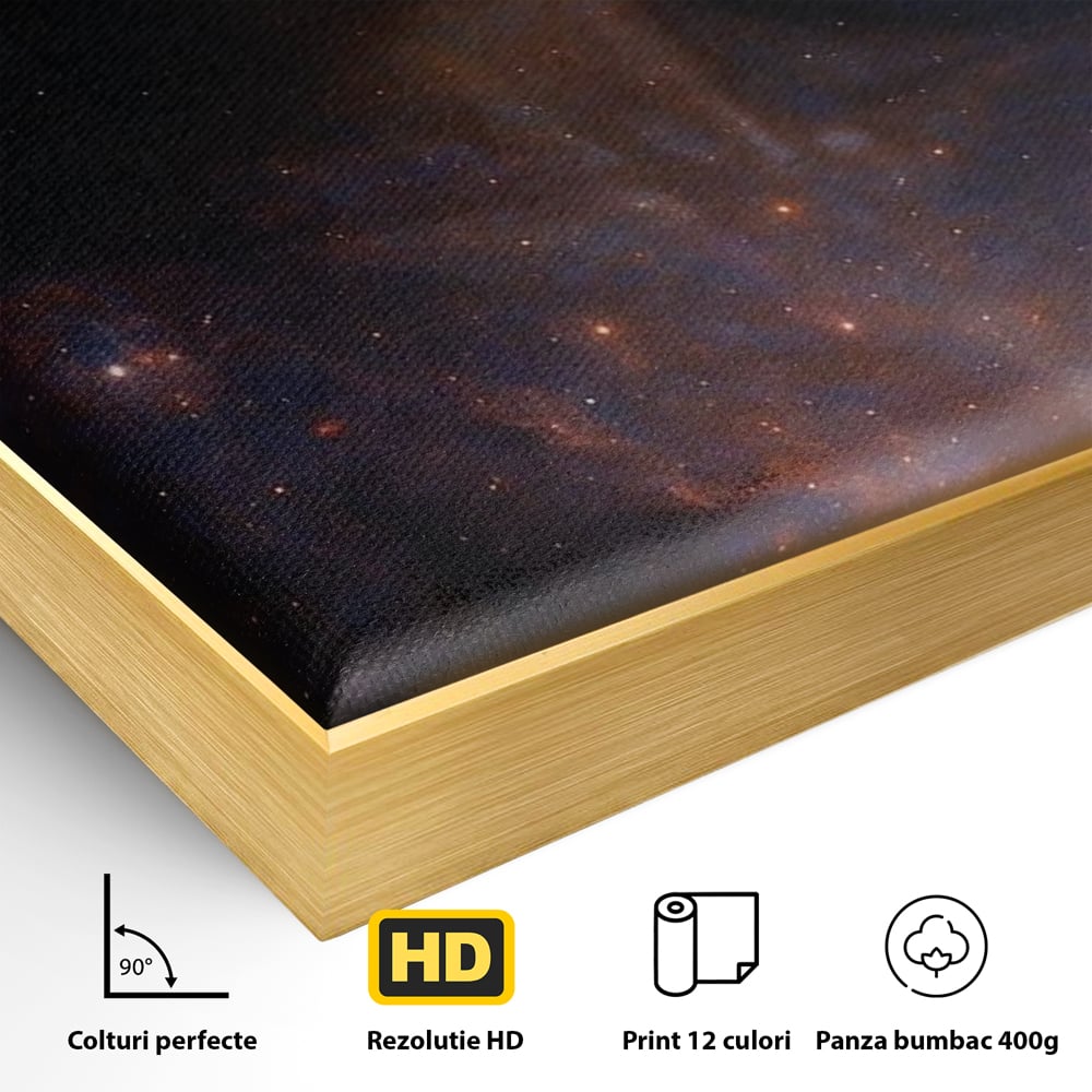 Detaliu al suprafetei: tablou canvas cu femeie si galaxie, in rama de aluminiu auriu