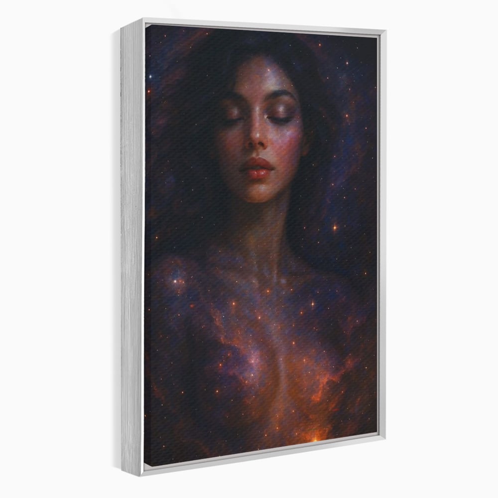 Tablou canvas cu tablou canvas cu femeie si galaxie, in rama de aluminiu argintiu
