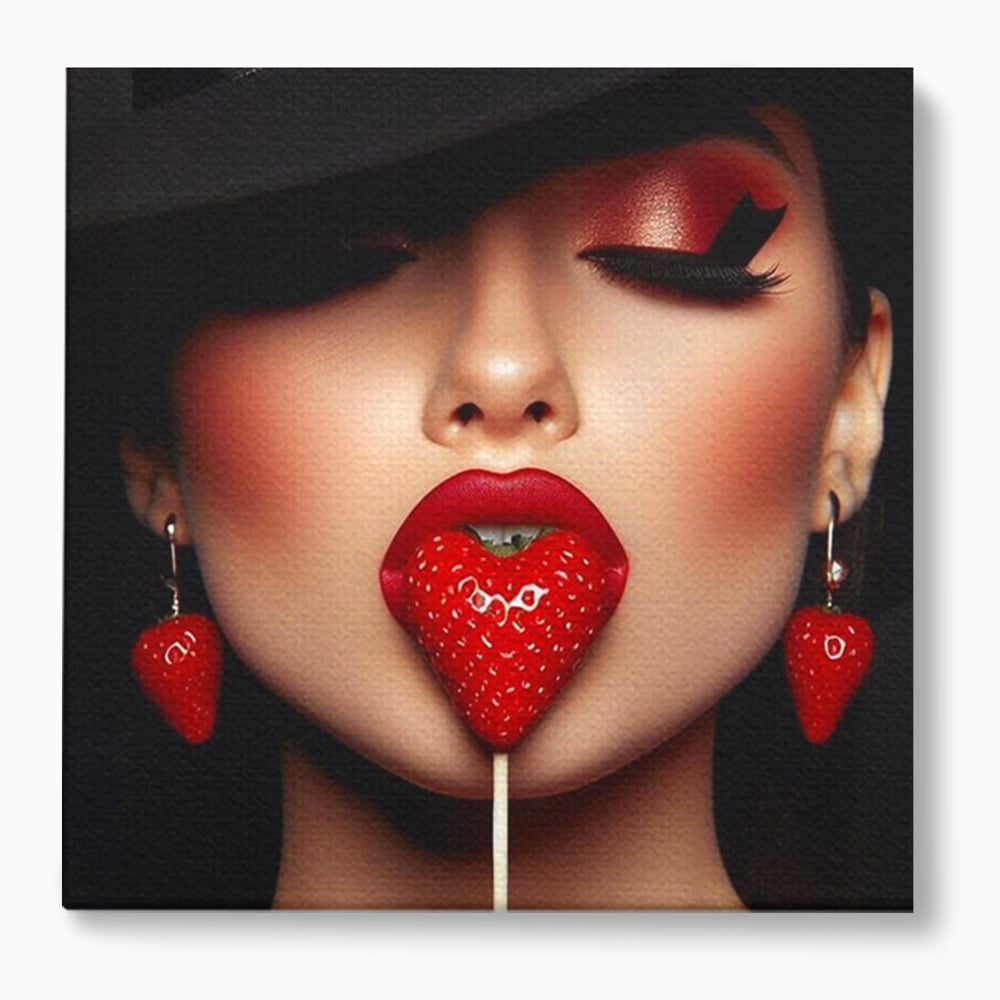 Tablou canvas cu tablou canvas cu buze rosii si capsuna, fara rama, pe sasiu de lemn