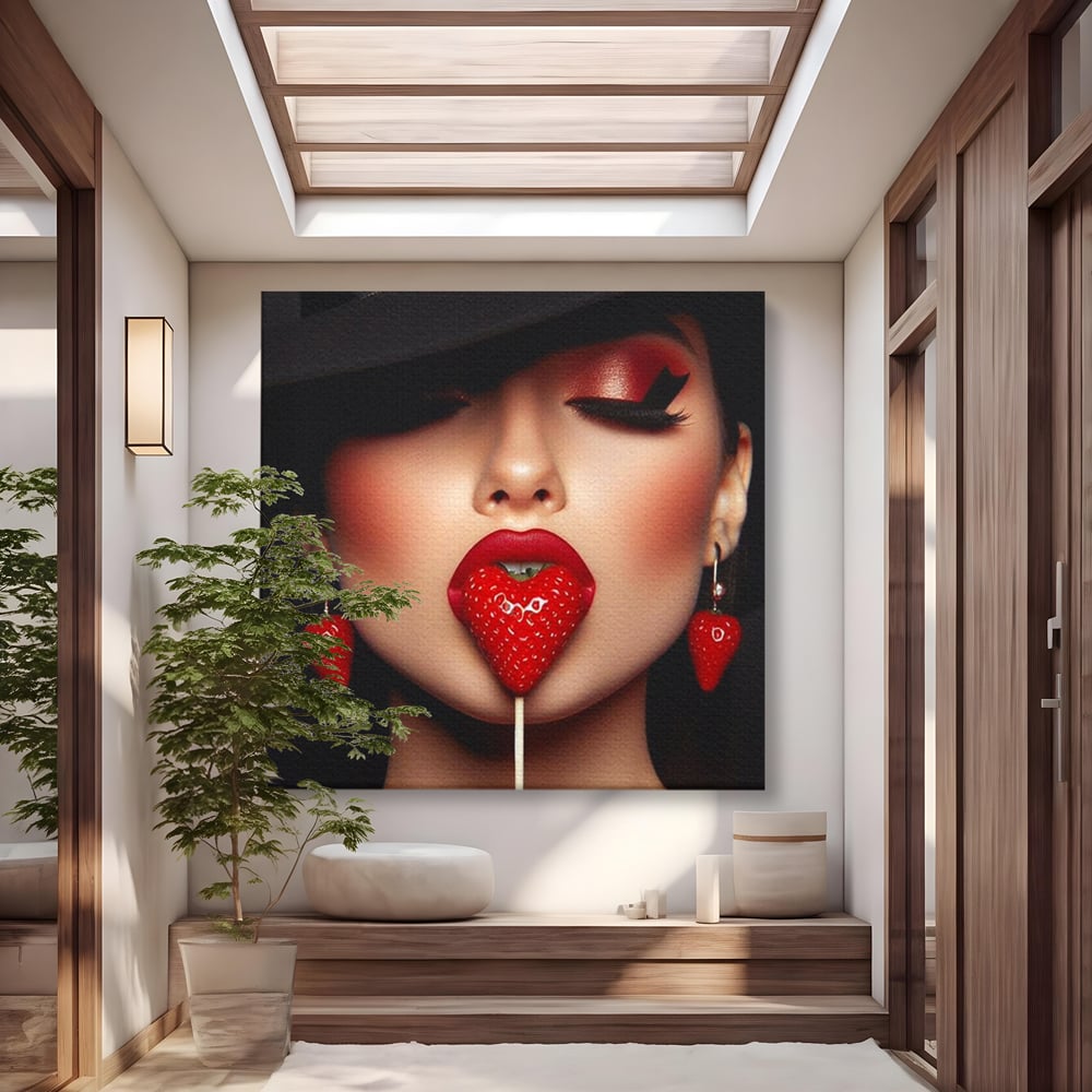 Tablou canvas cu tablou canvas cu buze rosii si capsuna, fara rama, pe sasiu de lemn