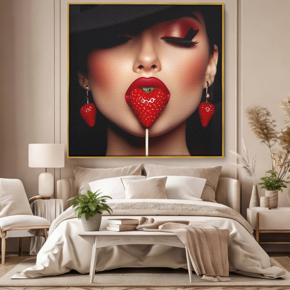 Tablou canvas cu tablou canvas cu buze rosii si capsuna, in rama de aluminiu auriu, pe perete intr-un dormitor