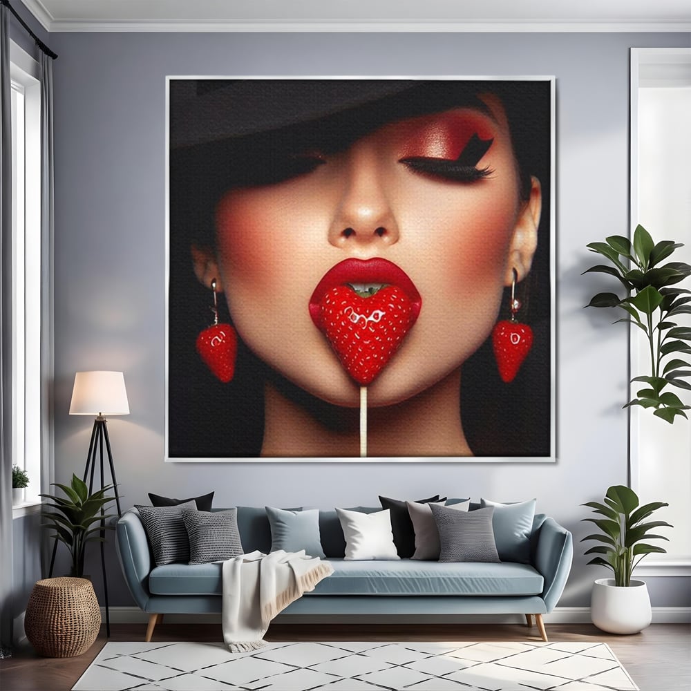 Tablou canvas cu tablou canvas cu buze rosii si capsuna, in rama de aluminiu argintiu, pe perete intr-un living