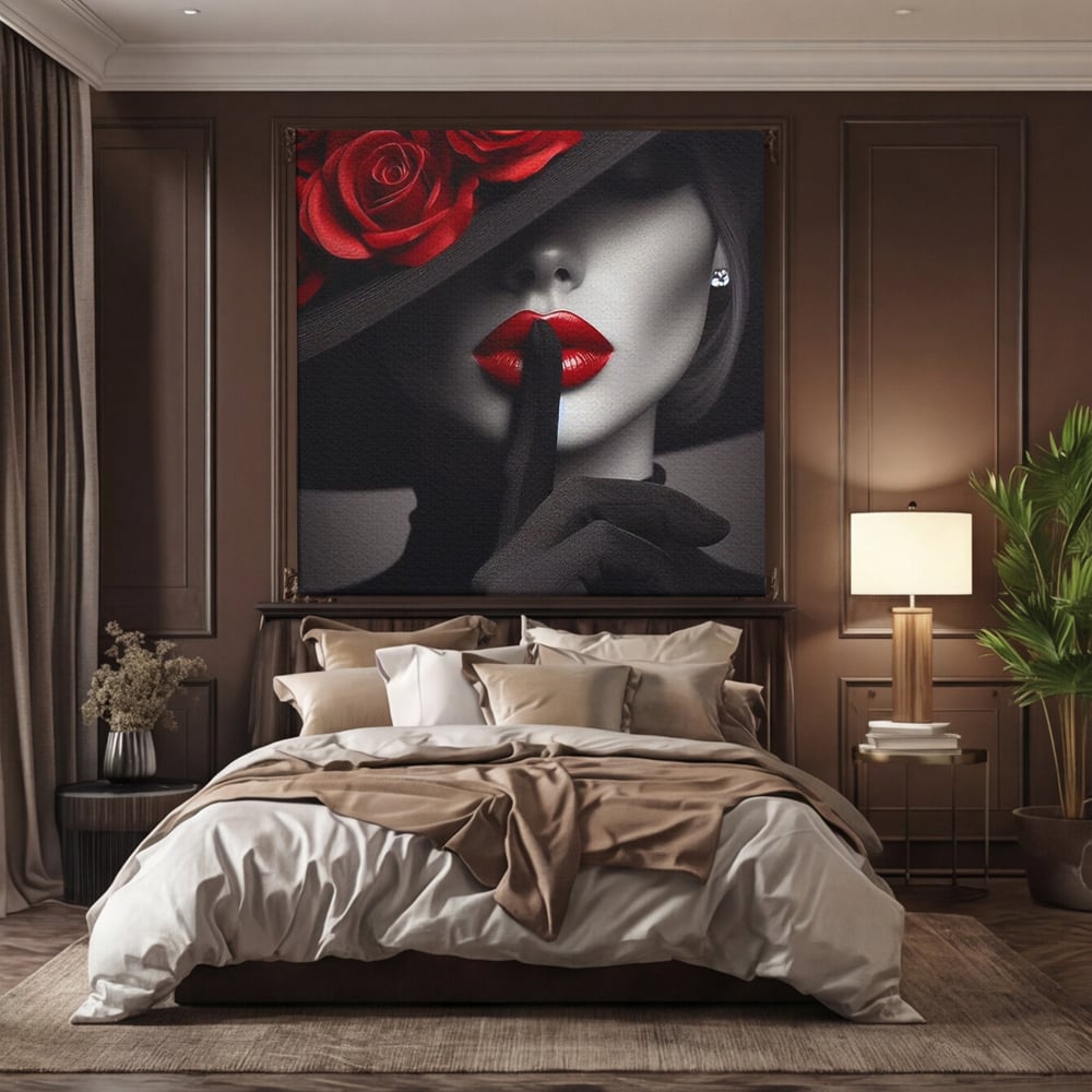 Tablou canvas cu tablou portret femeie cu trandafiri rosii, fara rama, pe sasiu de lemn, pe perete intr-un dormitor