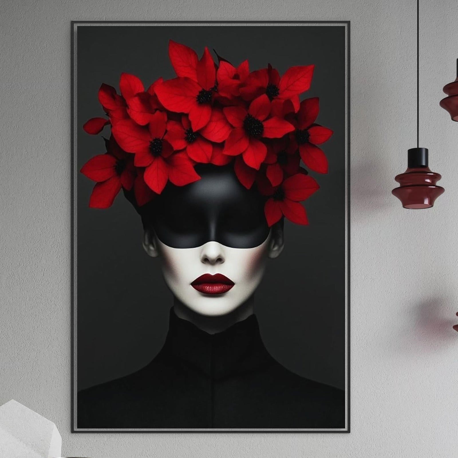 Tablou Canvas Premium, LuxCanva® P1046, Imparateasa in Negru si Rosu, Regina, Intunecat, Rosu, Coroana, Flori, Regal, Dramatic, Masca, Feminitate, Iubire, Living, Dormitor