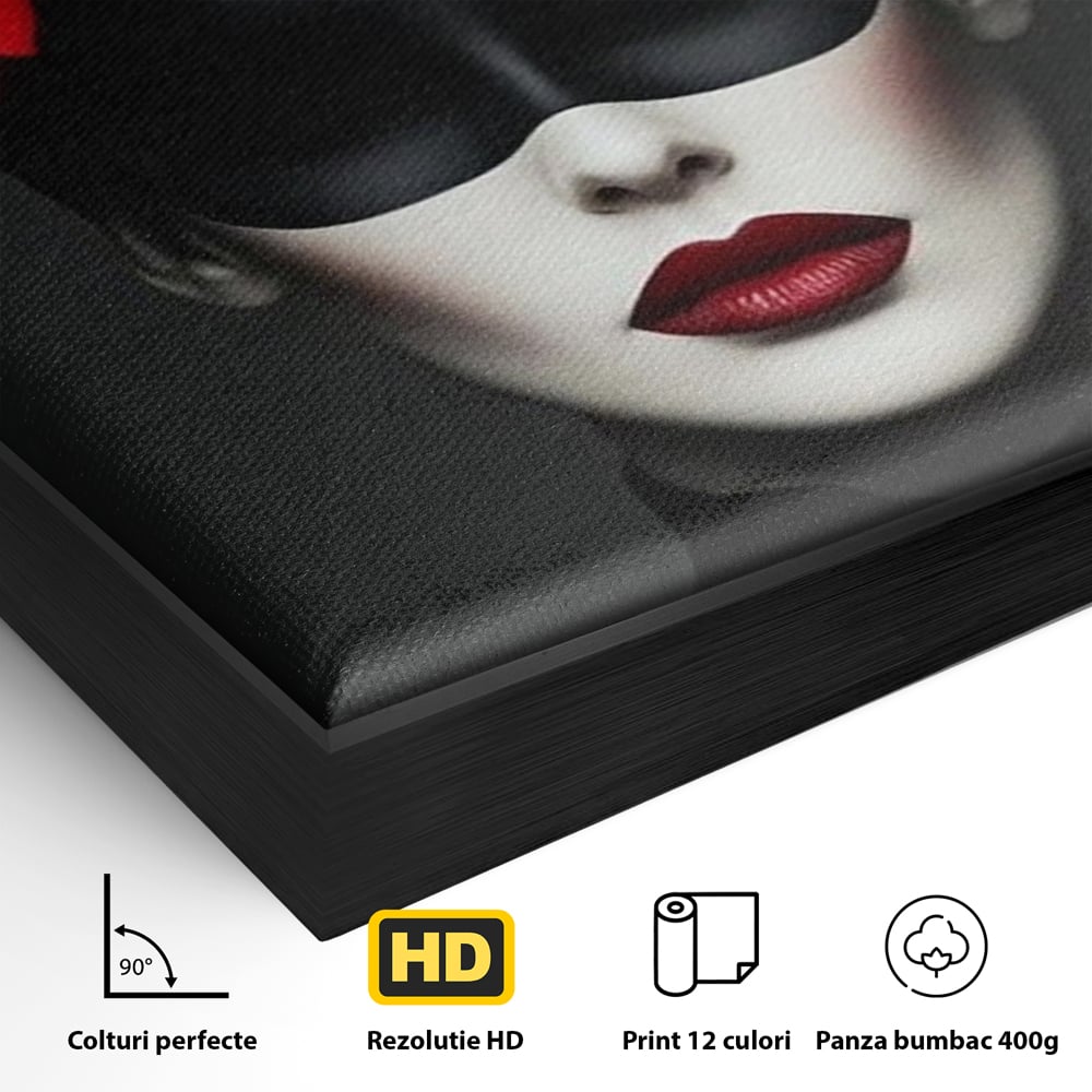 Detaliu al suprafetei: tablou canvas cu femeie mascata si flori rosii, in rama de aluminiu negru