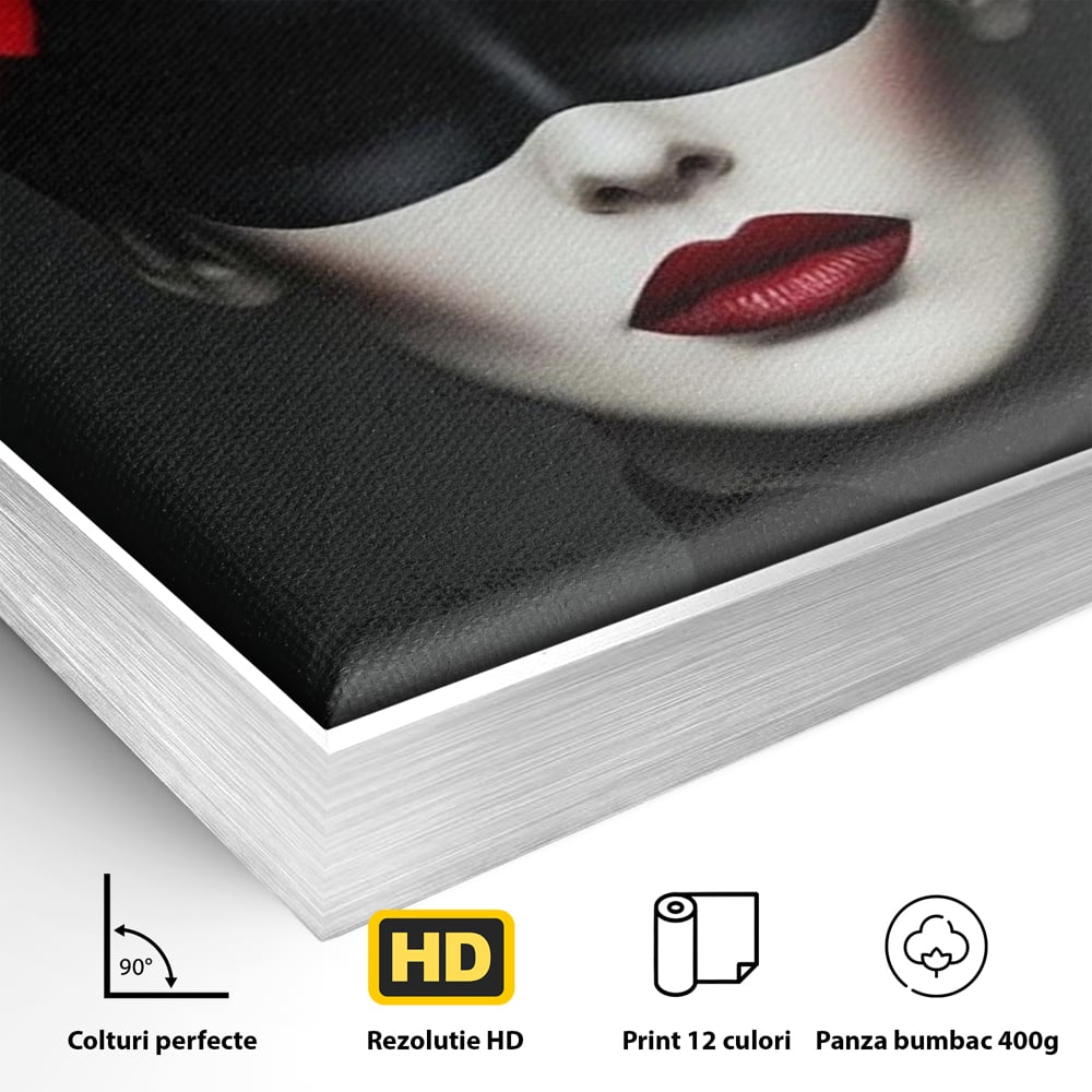 Detaliu al suprafetei: tablou canvas cu femeie mascata si flori rosii, in rama de aluminiu argintiu