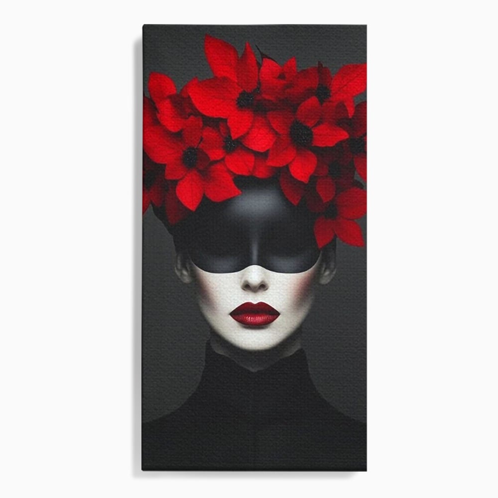 Tablou canvas cu tablou canvas cu femeie mascata si flori rosii, fara rama, pe sasiu de lemn