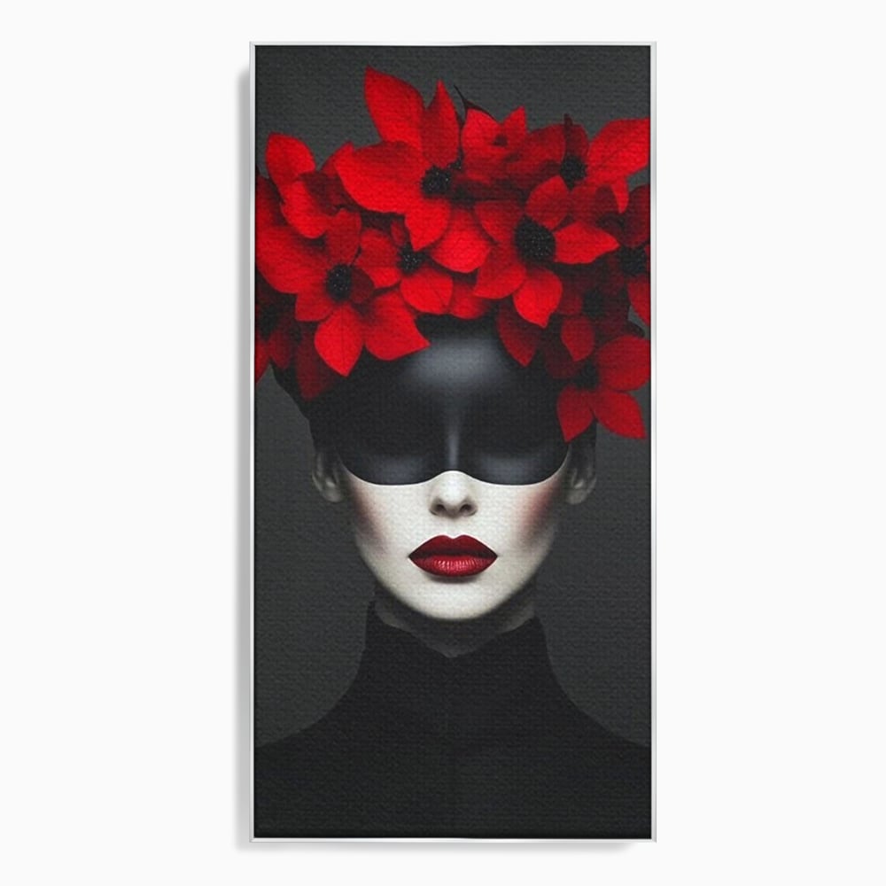 Tablou canvas cu tablou canvas cu femeie mascata si flori rosii, in rama de aluminiu argintiu