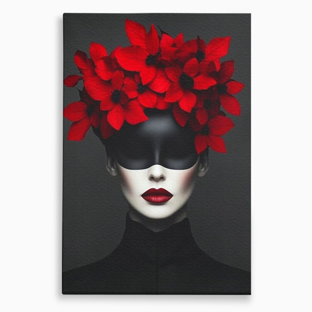 Tablou canvas cu tablou canvas cu femeie mascata si flori rosii, fara rama, pe sasiu de lemn
