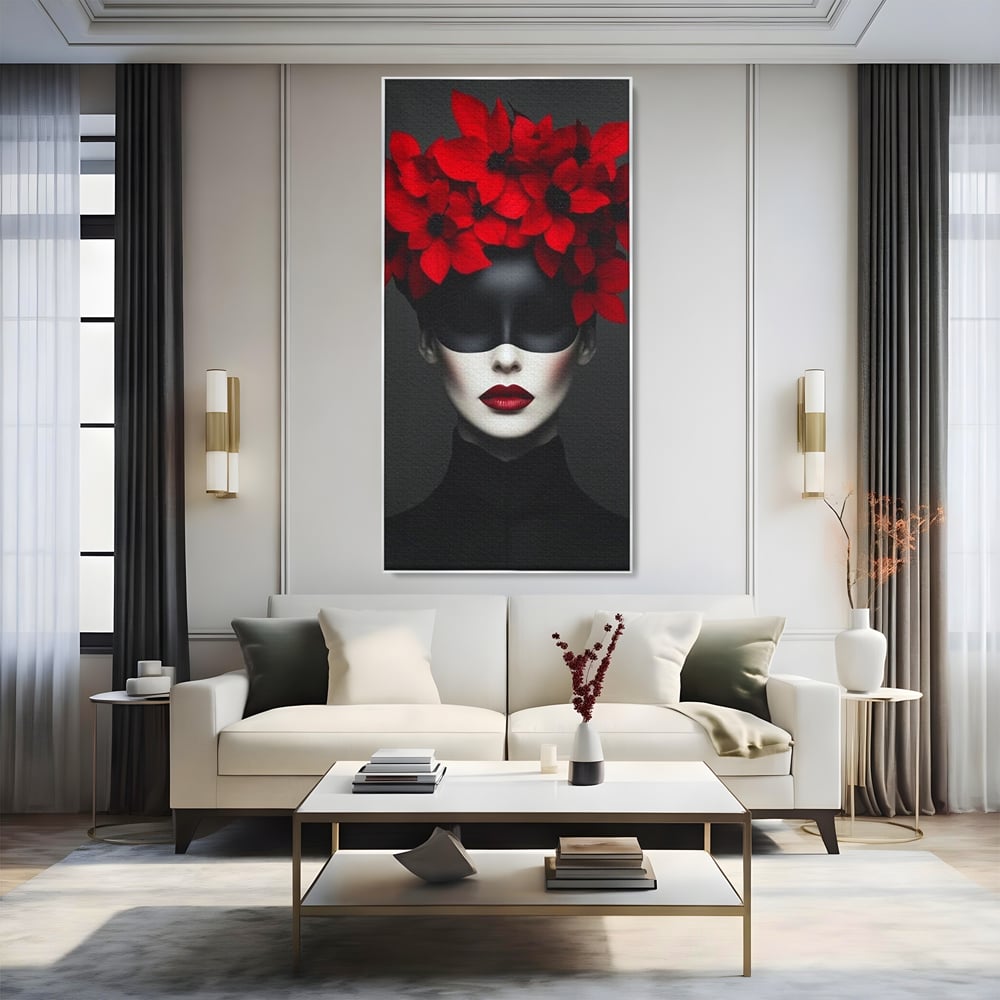 Tablou canvas cu tablou canvas cu femeie mascata si flori rosii, in rama de aluminiu argintiu, pe perete intr-un living