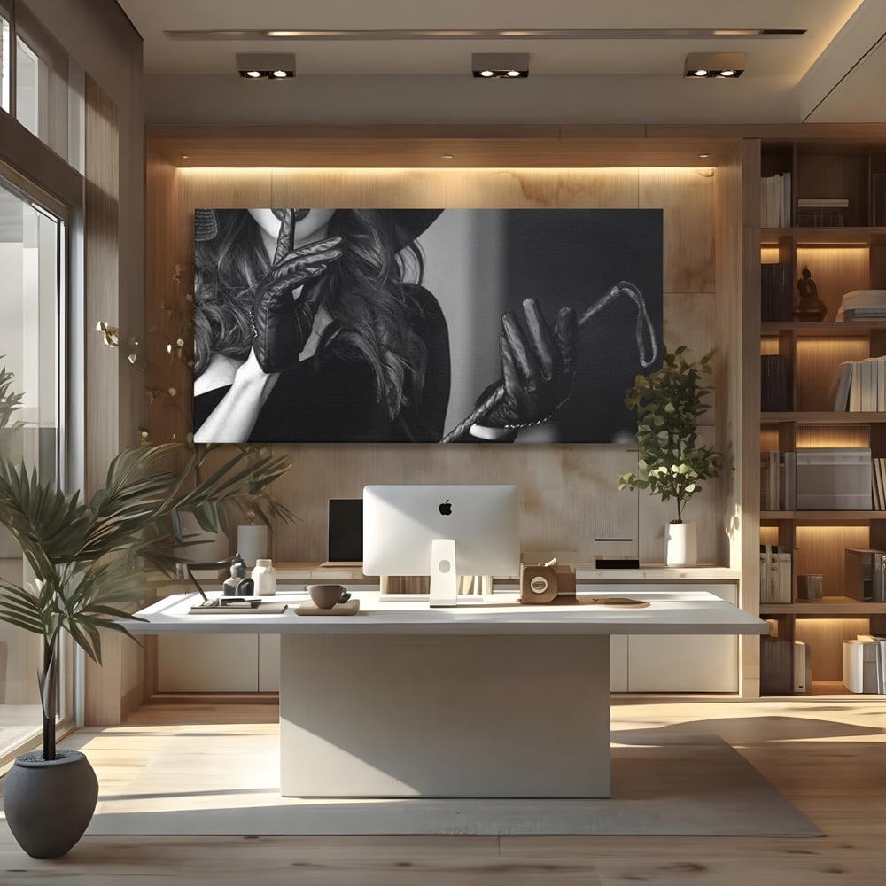 Tablou canvas cu tablou canvas cu femeie in palarie si manusi negre, fara rama, pe sasiu de lemn, pe perete intr-un birou