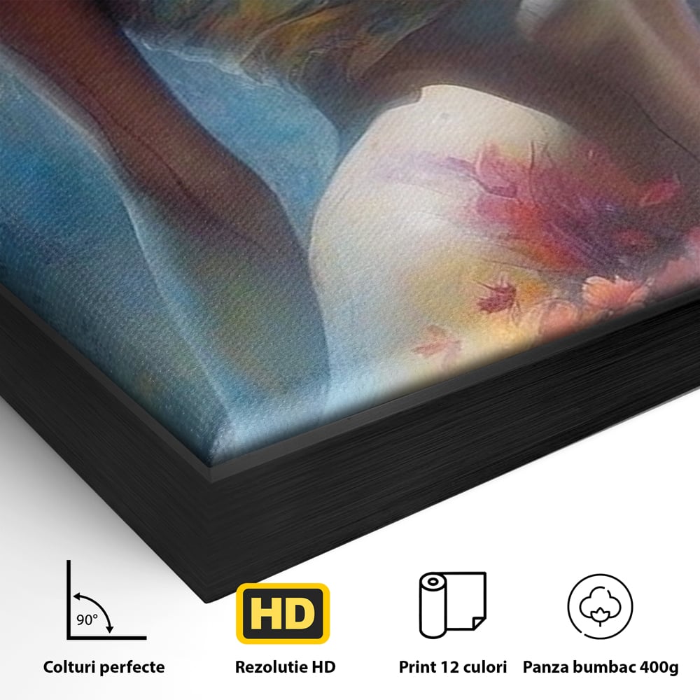 Detaliu al suprafetei: tablou canvas cu femeie si flori, in rama de aluminiu negru
