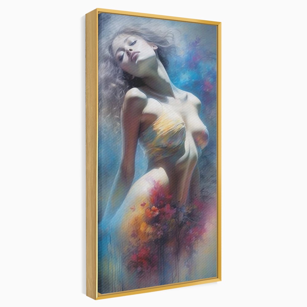 Tablou canvas cu tablou canvas cu femeie si flori, in rama de aluminiu auriu