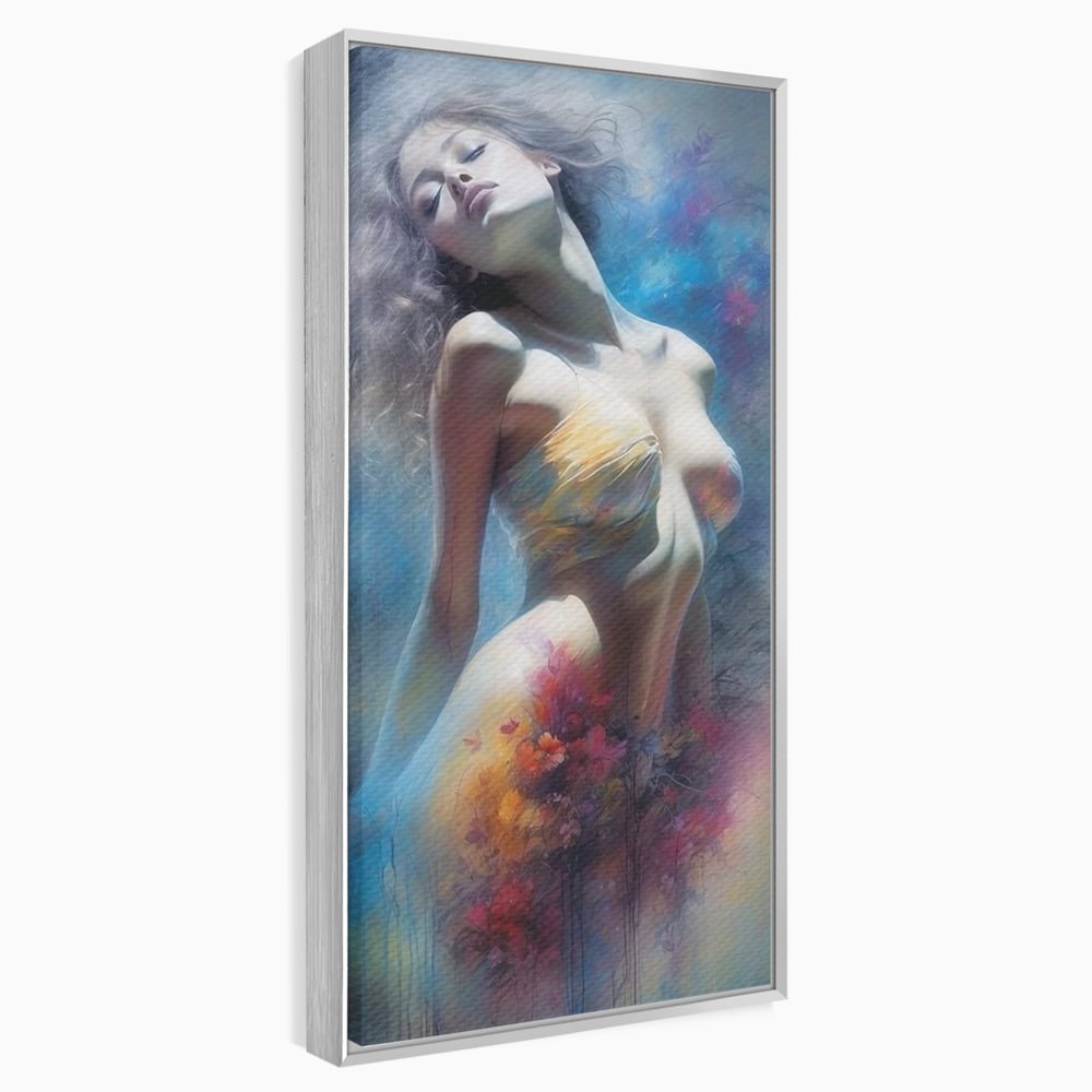Tablou canvas cu tablou canvas cu femeie si flori, in rama de aluminiu argintiu