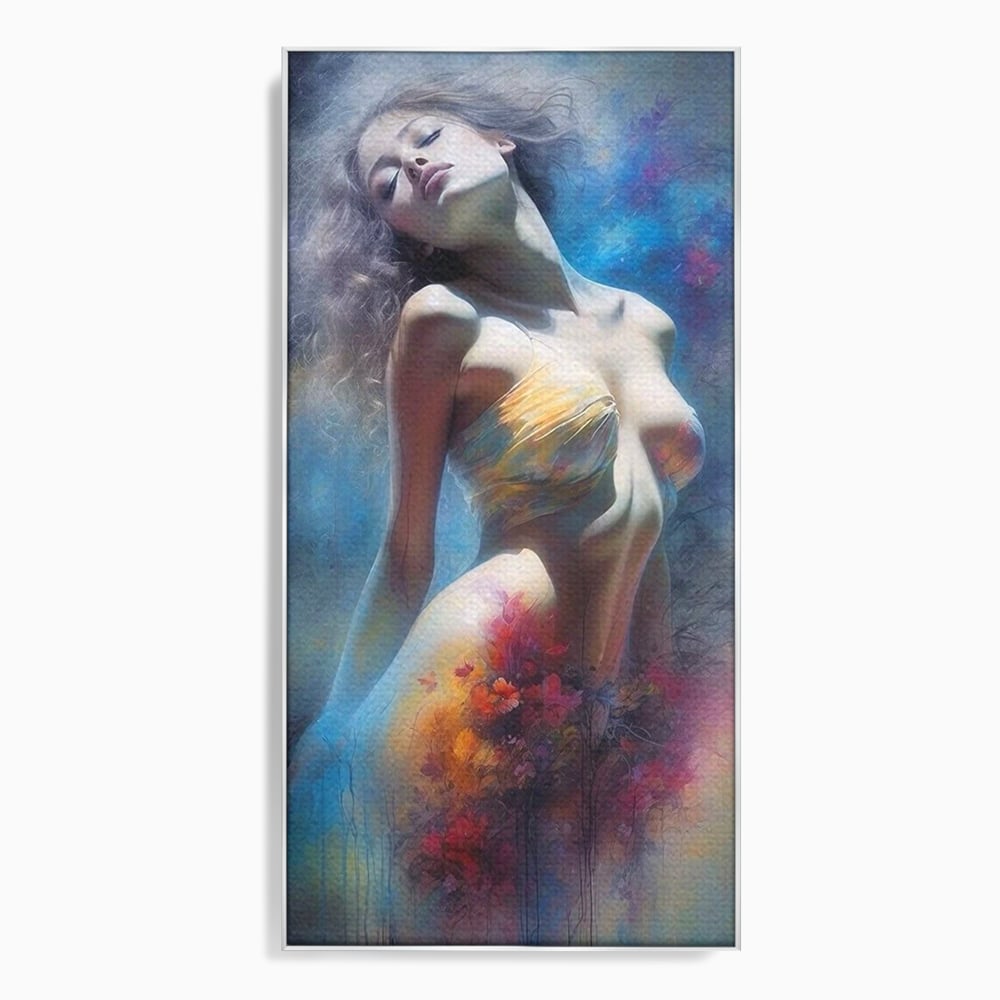 Tablou canvas cu tablou canvas cu femeie si flori, in rama de aluminiu argintiu