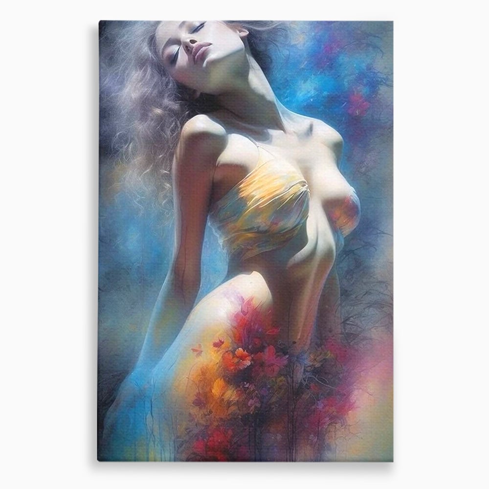 Tablou canvas cu tablou canvas cu femeie si flori, fara rama, pe sasiu de lemn