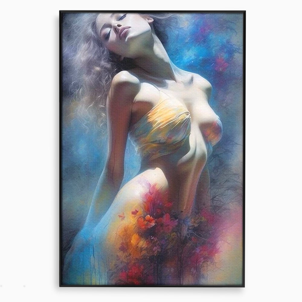 Tablou canvas cu tablou canvas cu femeie si flori, in rama de aluminiu negru