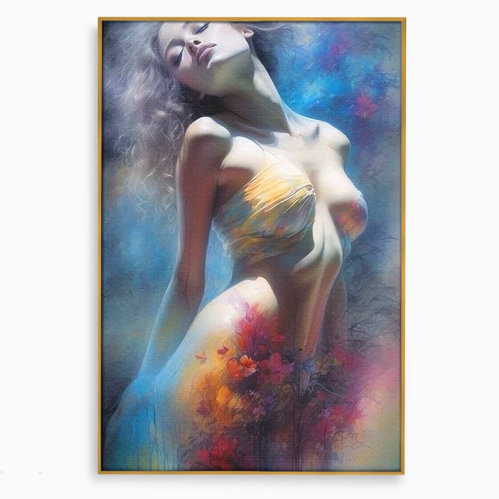 Tablou canvas cu tablou canvas cu femeie si flori, in rama de aluminiu auriu