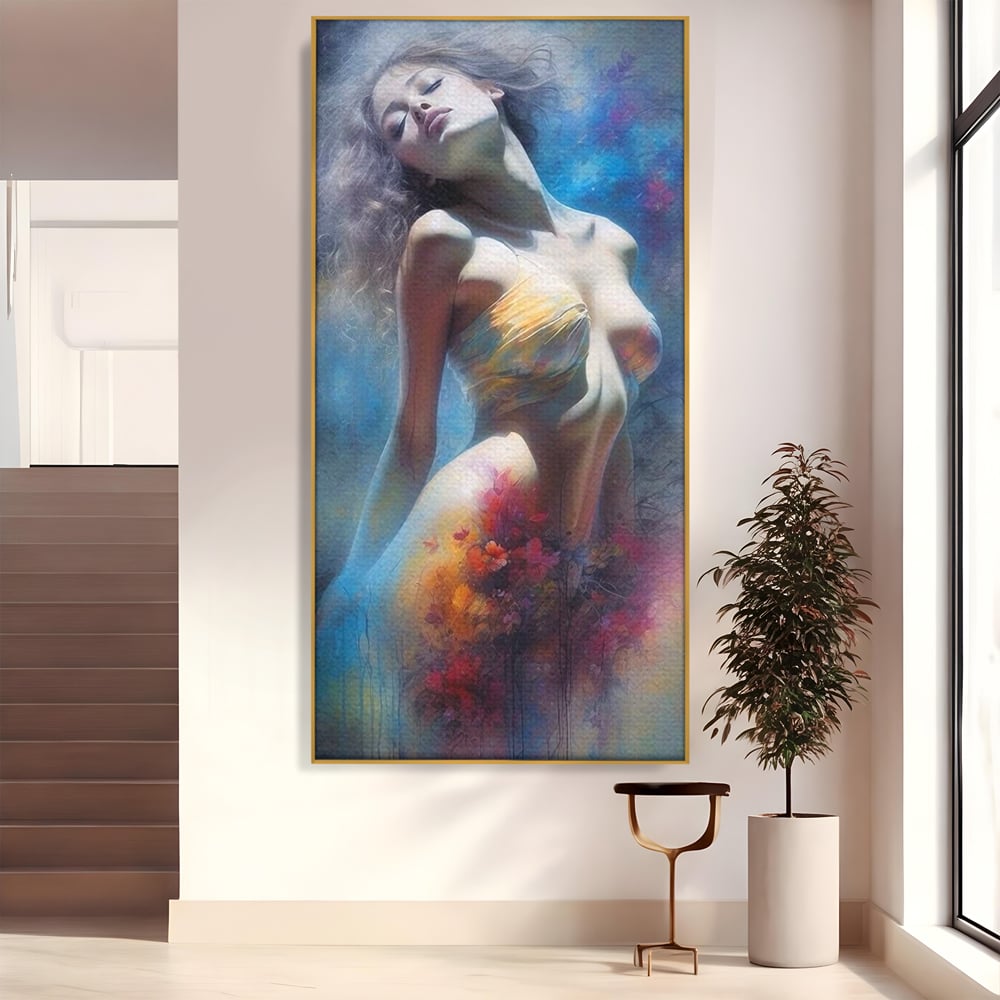 Tablou canvas cu tablou canvas cu femeie si flori, in rama de aluminiu auriu