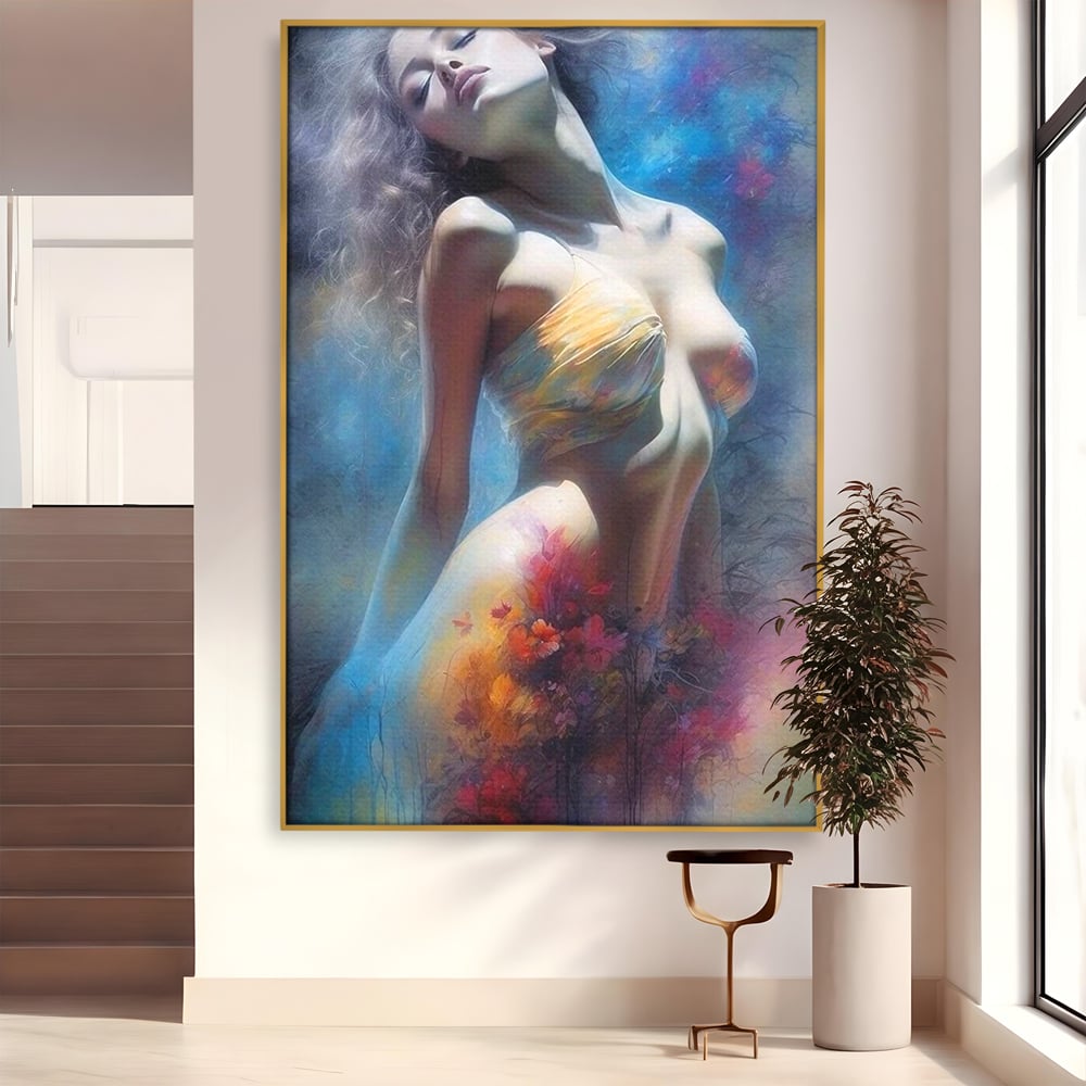 Tablou canvas cu tablou canvas cu femeie si flori, in rama de aluminiu auriu