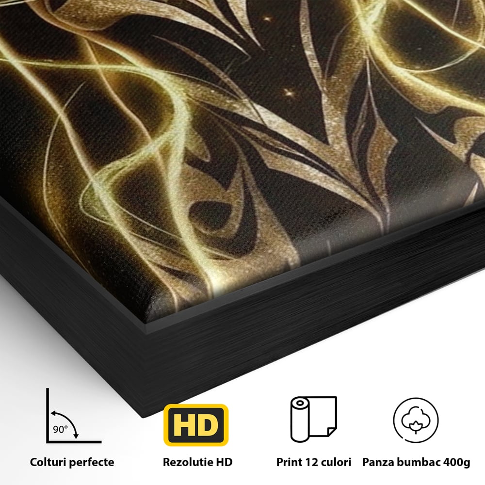 Detaliu al suprafetei: tablou canvas cu silueta feminina aurie, in rama de aluminiu negru