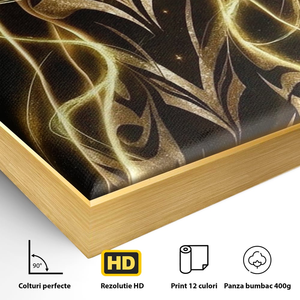 Detaliu al suprafetei: tablou canvas cu silueta feminina aurie, in rama de aluminiu auriu