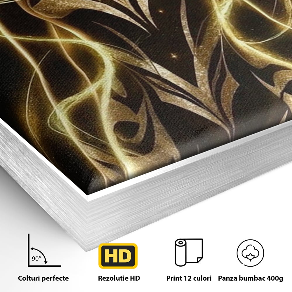 Detaliu al suprafetei: tablou canvas cu silueta feminina aurie, in rama de aluminiu argintiu