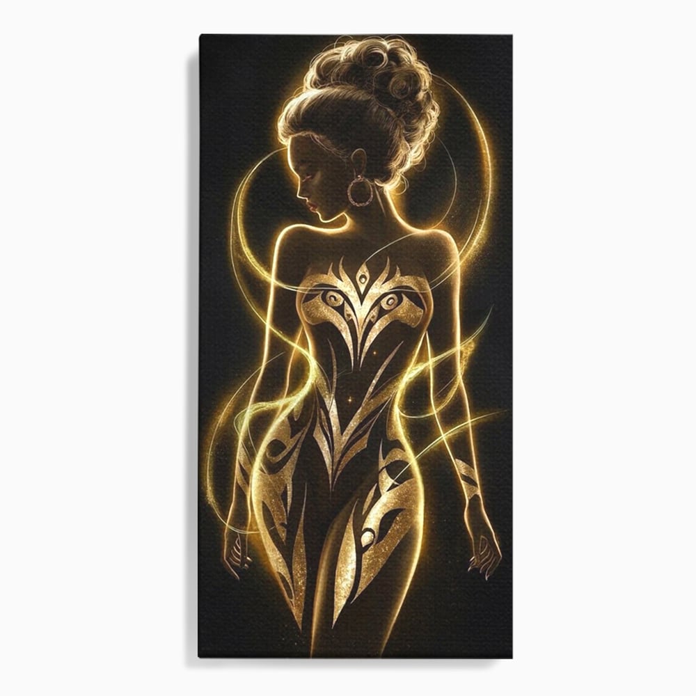 Tablou canvas cu tablou canvas cu silueta feminina aurie, fara rama, pe sasiu de lemn