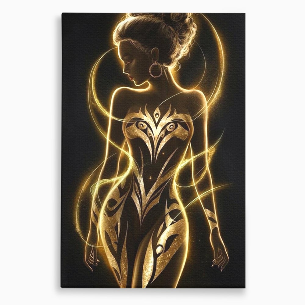Tablou canvas cu tablou canvas cu silueta feminina aurie, fara rama, pe sasiu de lemn