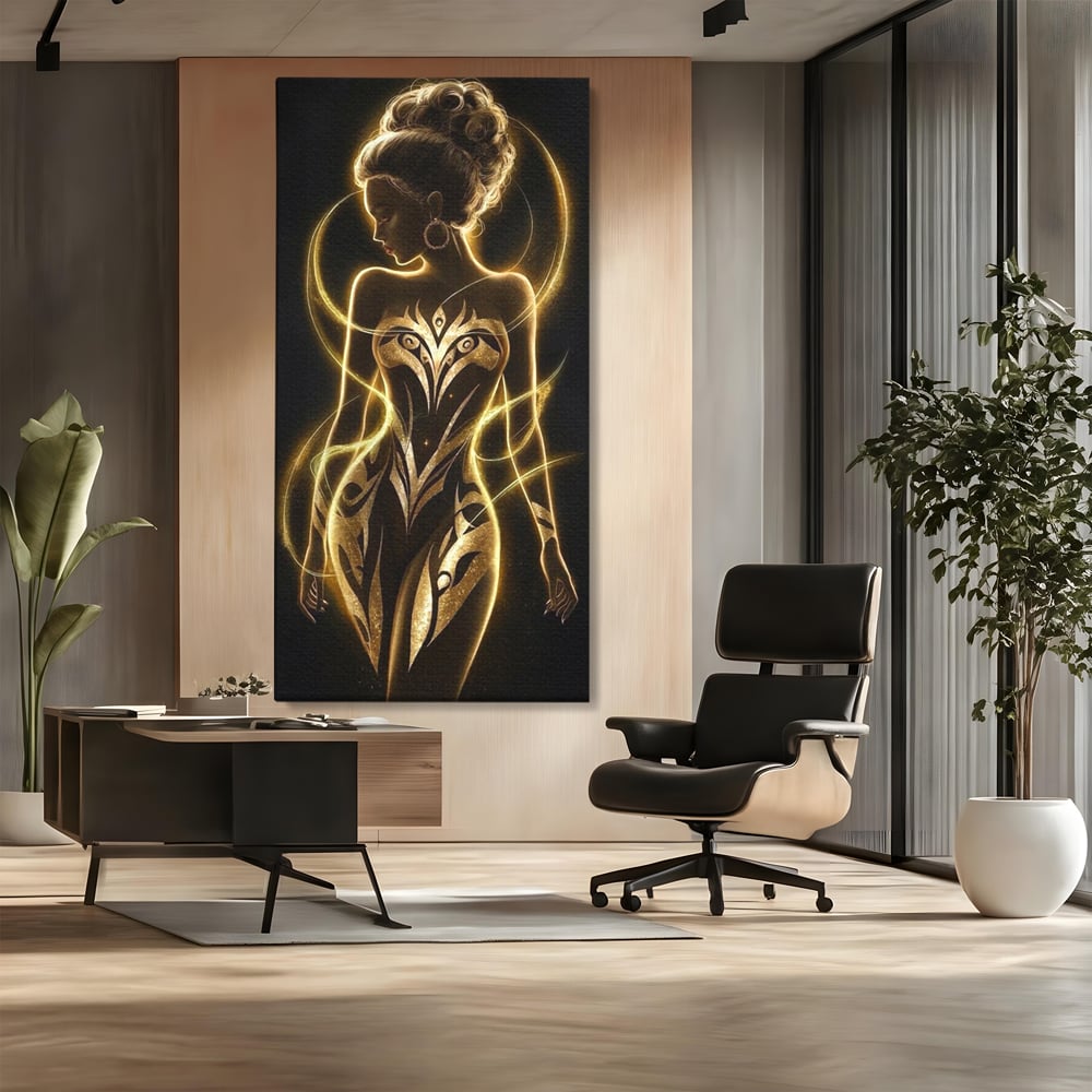 Tablou canvas cu tablou canvas cu silueta feminina aurie, fara rama, pe sasiu de lemn, pe perete intr-un birou