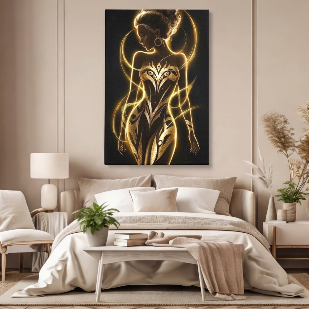 Tablou canvas cu tablou canvas cu silueta feminina aurie, fara rama, pe sasiu de lemn, pe perete intr-un dormitor