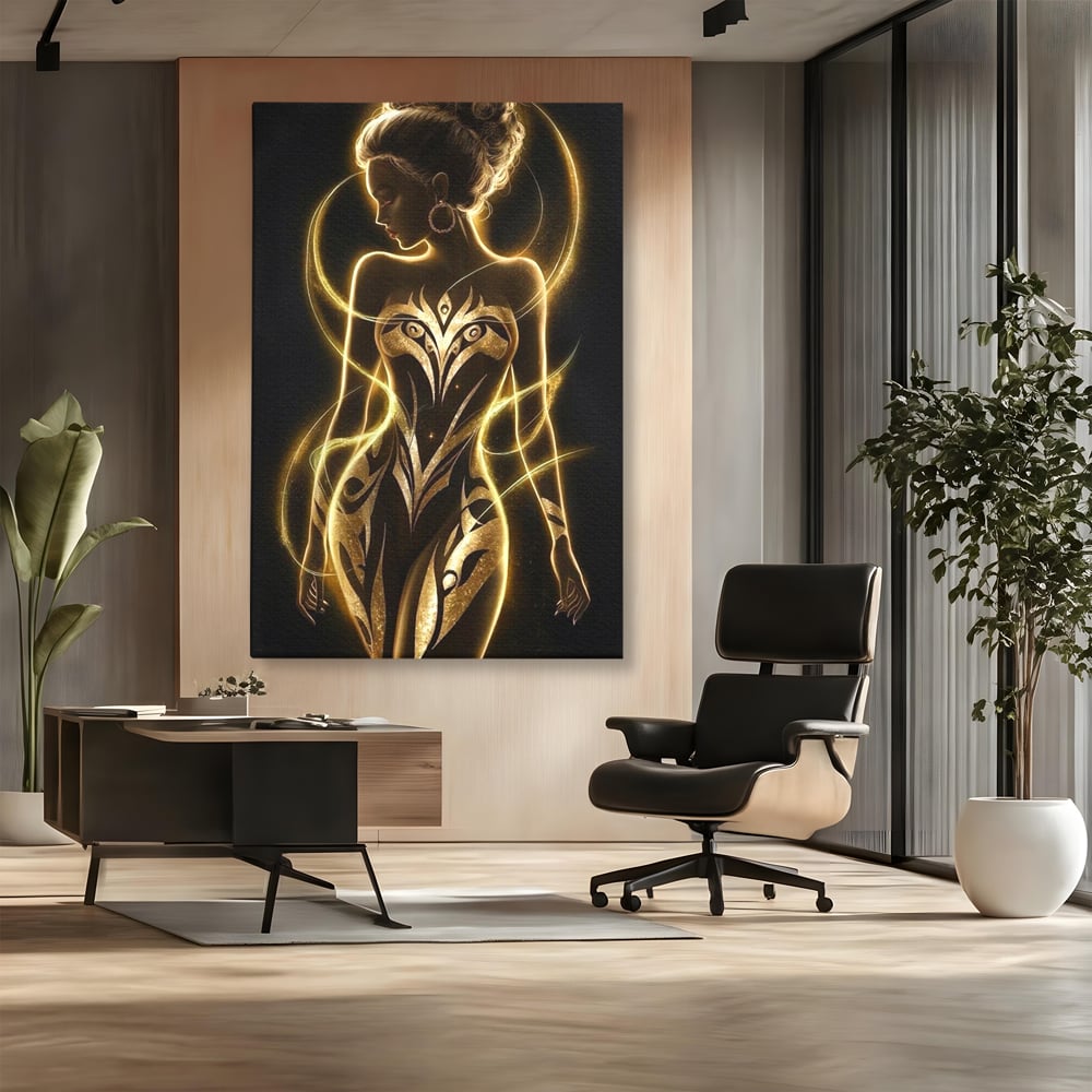 Tablou canvas cu tablou canvas cu silueta feminina aurie, fara rama, pe sasiu de lemn, pe perete intr-un birou