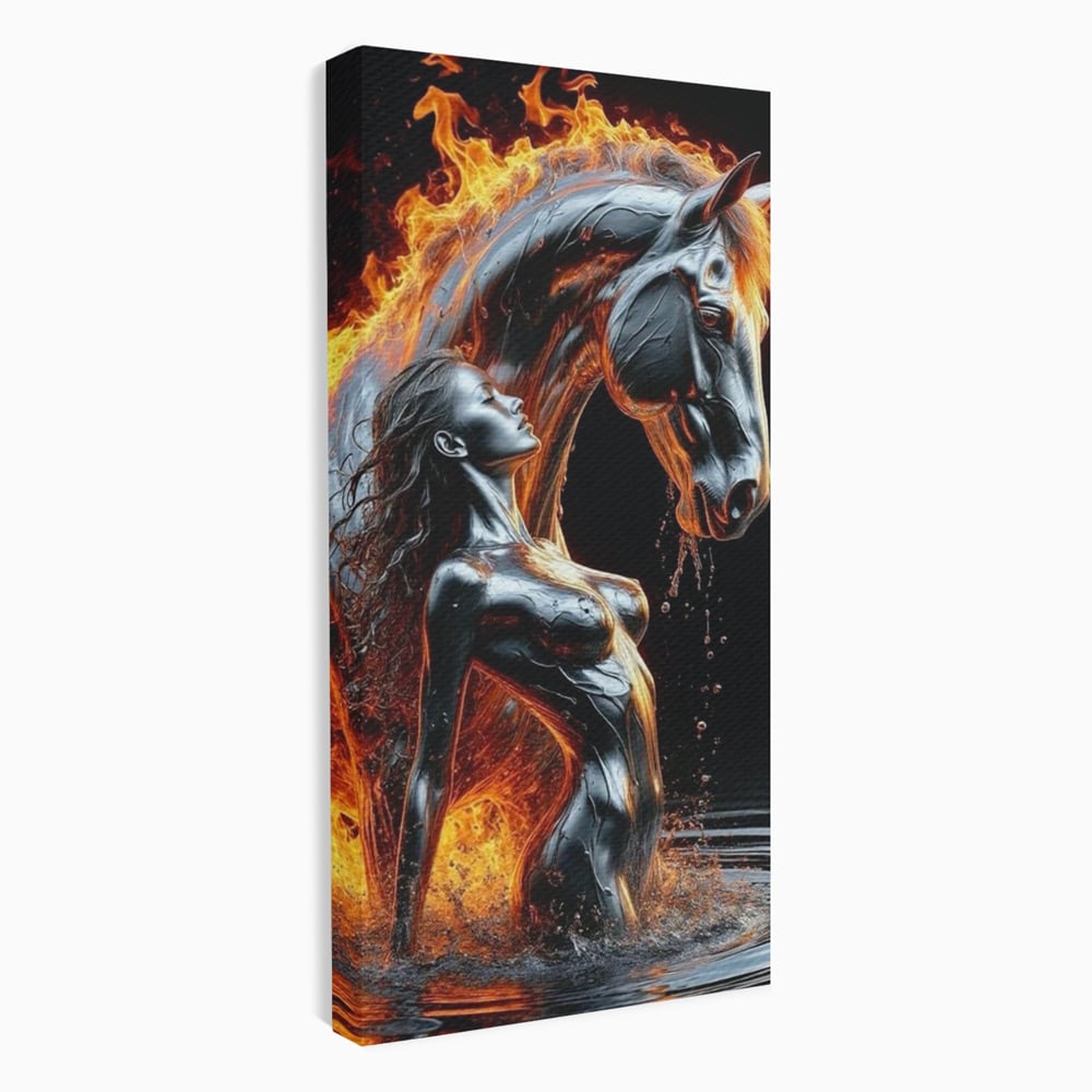 Tablou canvas cu tablou canvas cu femeie si armasar in flacari, fara rama, pe sasiu de lemn