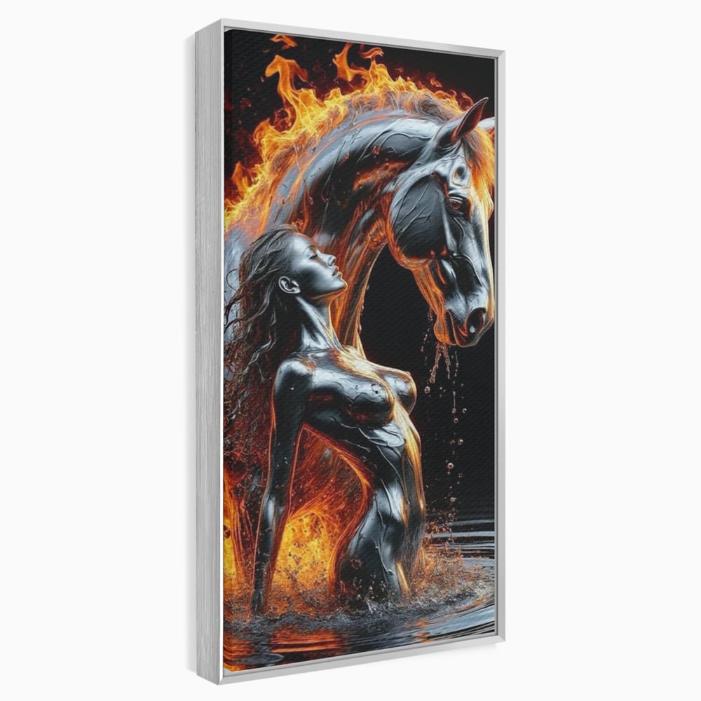 Tablou canvas cu tablou canvas cu femeie si armasar in flacari, in rama de aluminiu argintiu