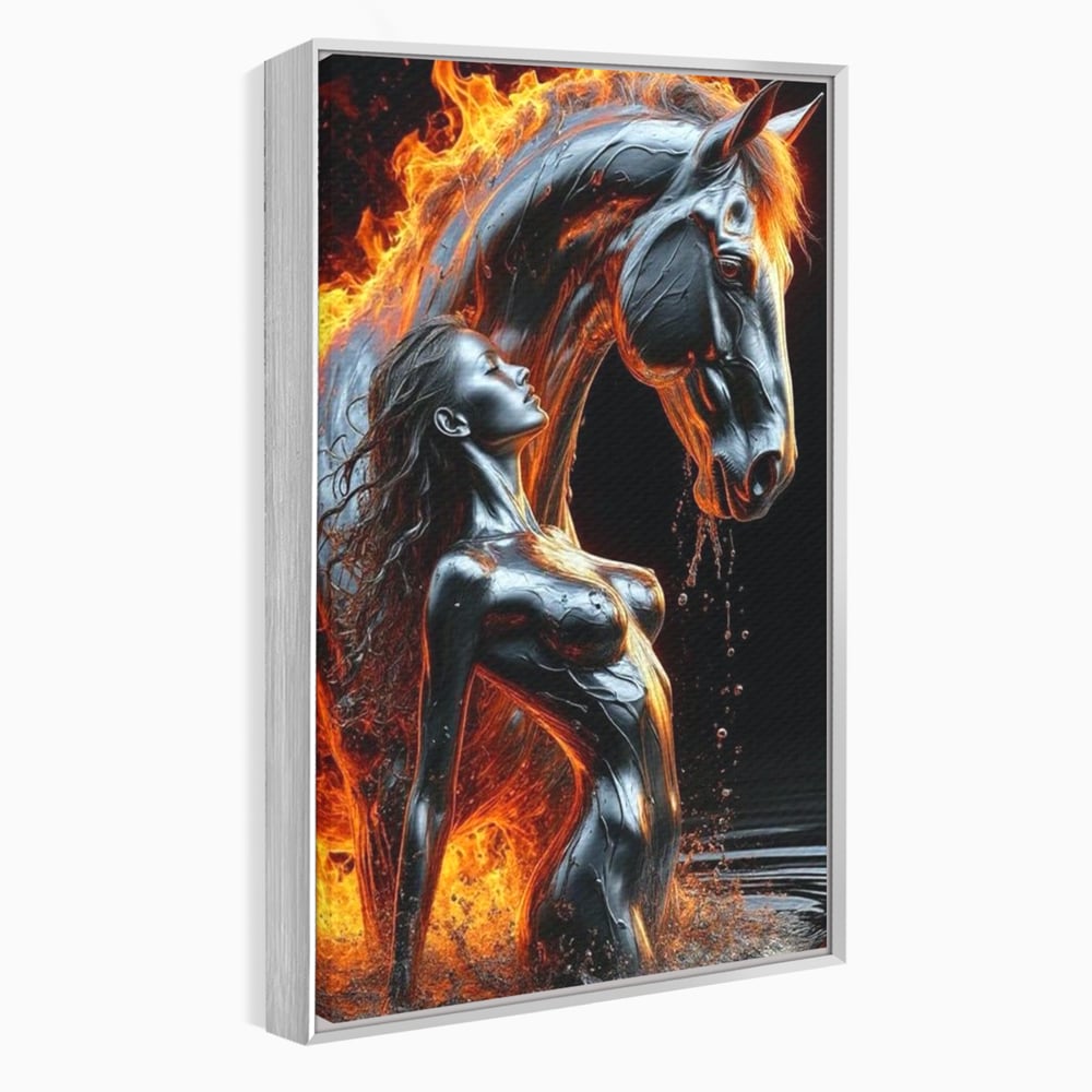 Tablou canvas cu tablou canvas cu femeie si armasar in flacari, in rama de aluminiu argintiu