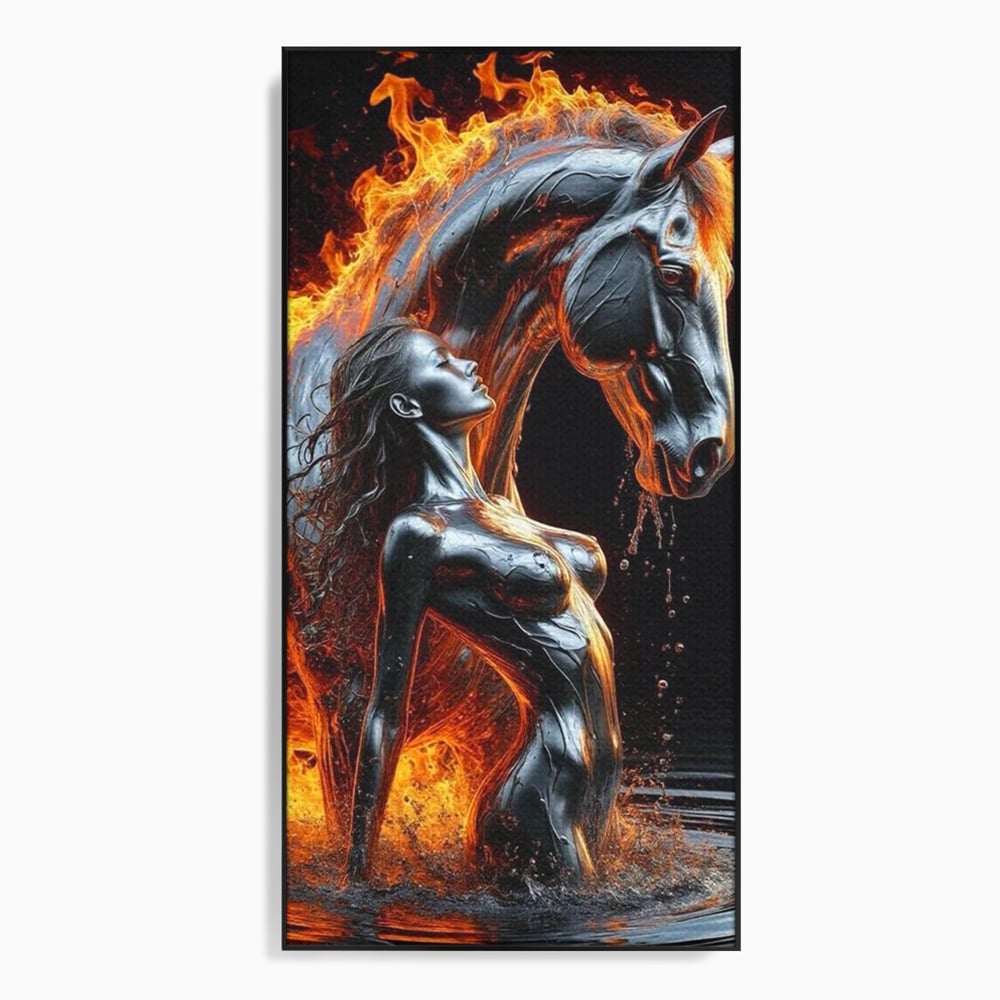 Tablou canvas cu tablou canvas cu femeie si armasar in flacari, in rama de aluminiu negru