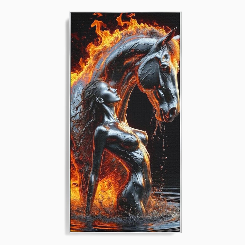 Tablou canvas cu tablou canvas cu femeie si armasar in flacari, in rama de aluminiu argintiu
