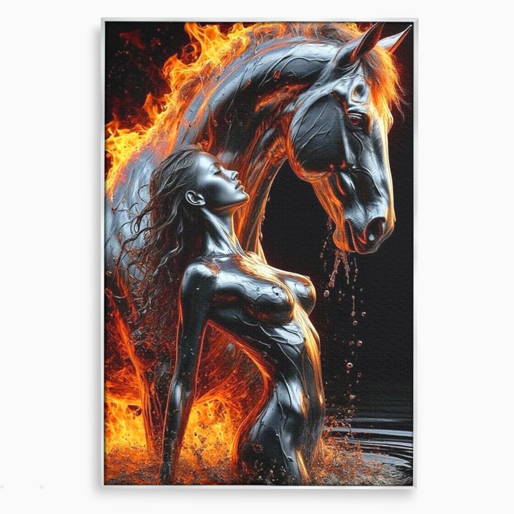 Tablou canvas cu tablou canvas cu femeie si armasar in flacari, in rama de aluminiu argintiu