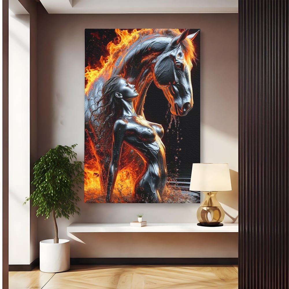 Tablou canvas cu tablou canvas cu femeie si armasar in flacari, fara rama, pe sasiu de lemn