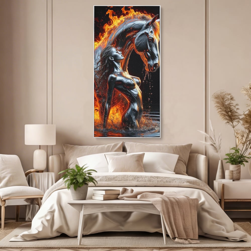 Tablou canvas cu tablou canvas cu femeie si armasar in flacari, in rama de aluminiu argintiu, pe perete intr-un dormitor