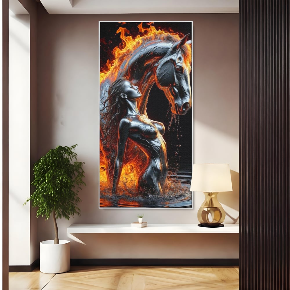 Tablou canvas cu tablou canvas cu femeie si armasar in flacari, in rama de aluminiu argintiu